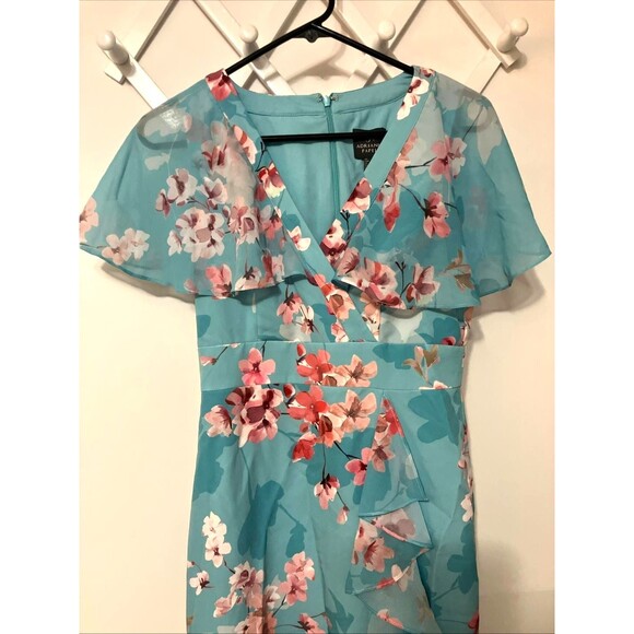 Adrianna Papell Floral Flutter Sleeve Wrap Dress Size 2 Aqua Pink Ruffle Hem - Picture 2 of 8